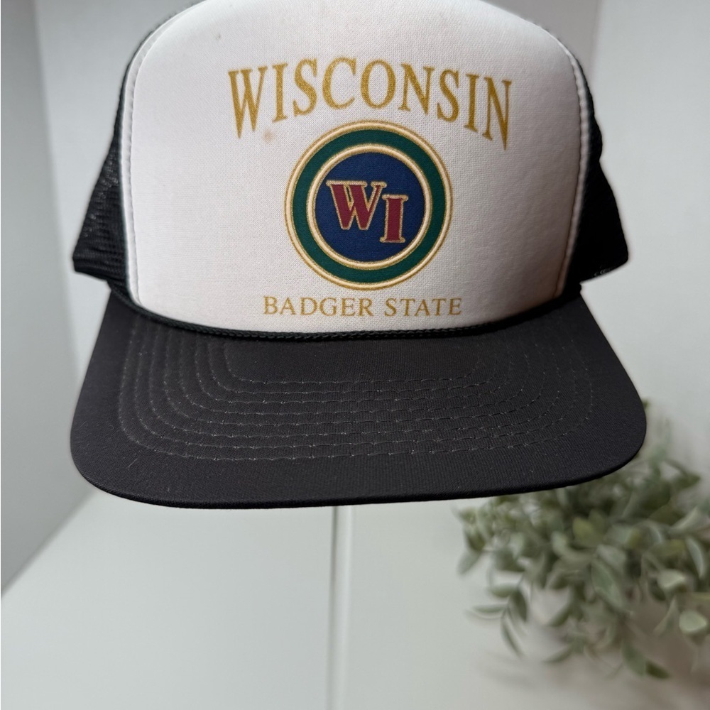 Vintage Wisconsin Badger State Foam Black & White Trucker Hat Snapback Retro WI - Picture 2 of 16
